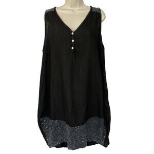 Angela Mara Linen Shift Dress‎ Womens Large Black Sequin Trim Lagenlook Flowy
